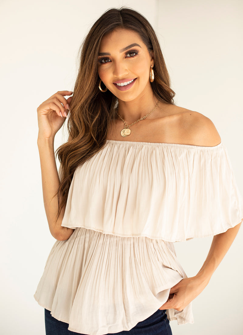 PALM SPRINGS OFF THE SHOULDER TOP- TAUPE