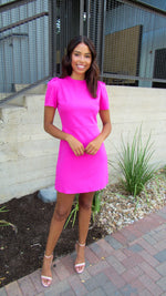 CLOCKED IN PUFF SLEEVE DRESS- PINK