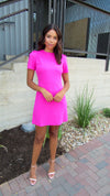 CLOCKED IN PUFF SLEEVE DRESS- PINK