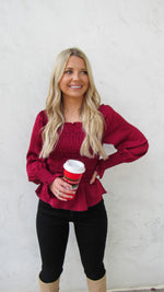 HOLLY BERRY SMOCKED TOP- WINE