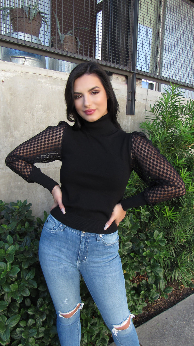 MISSING YOU LACE SLEEVE TOP- BLACK