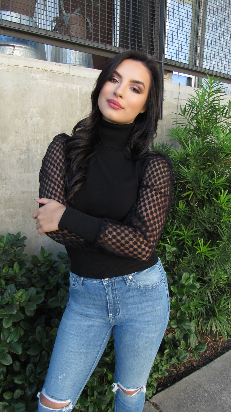 MISSING YOU LACE SLEEVE TOP- BLACK