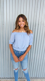 OCEAN BLISS OFF THE SHOULDER TOP- BLUE