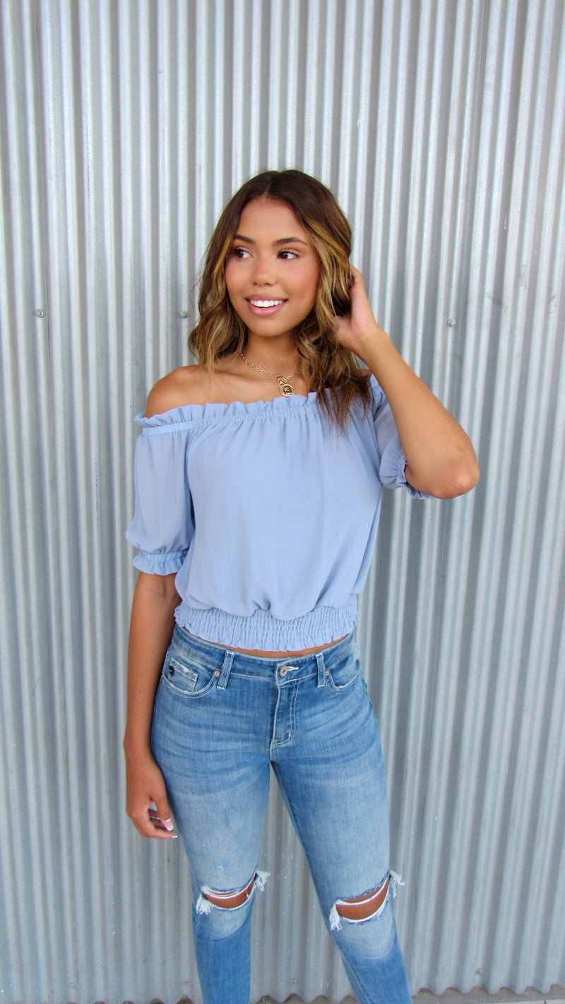 OCEAN BLISS OFF THE SHOULDER TOP- BLUE