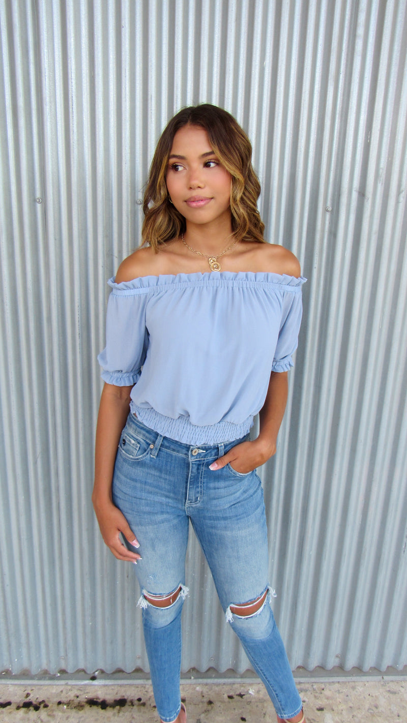 OCEAN BLISS OFF THE SHOULDER TOP- BLUE