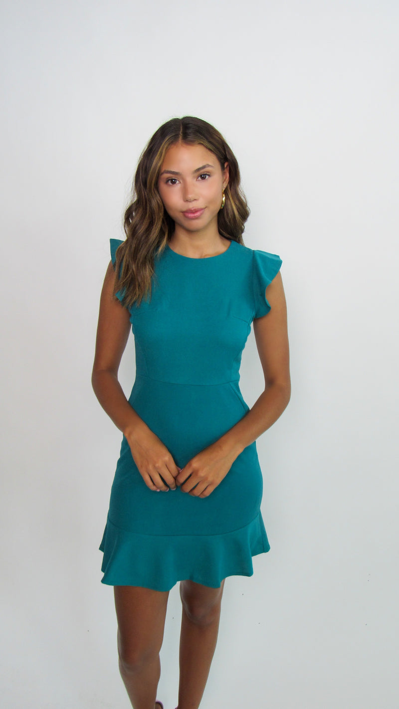 WE MEAN BUSINESS RUFFLED CAP SLEEVE DRESS- TURQUOISE