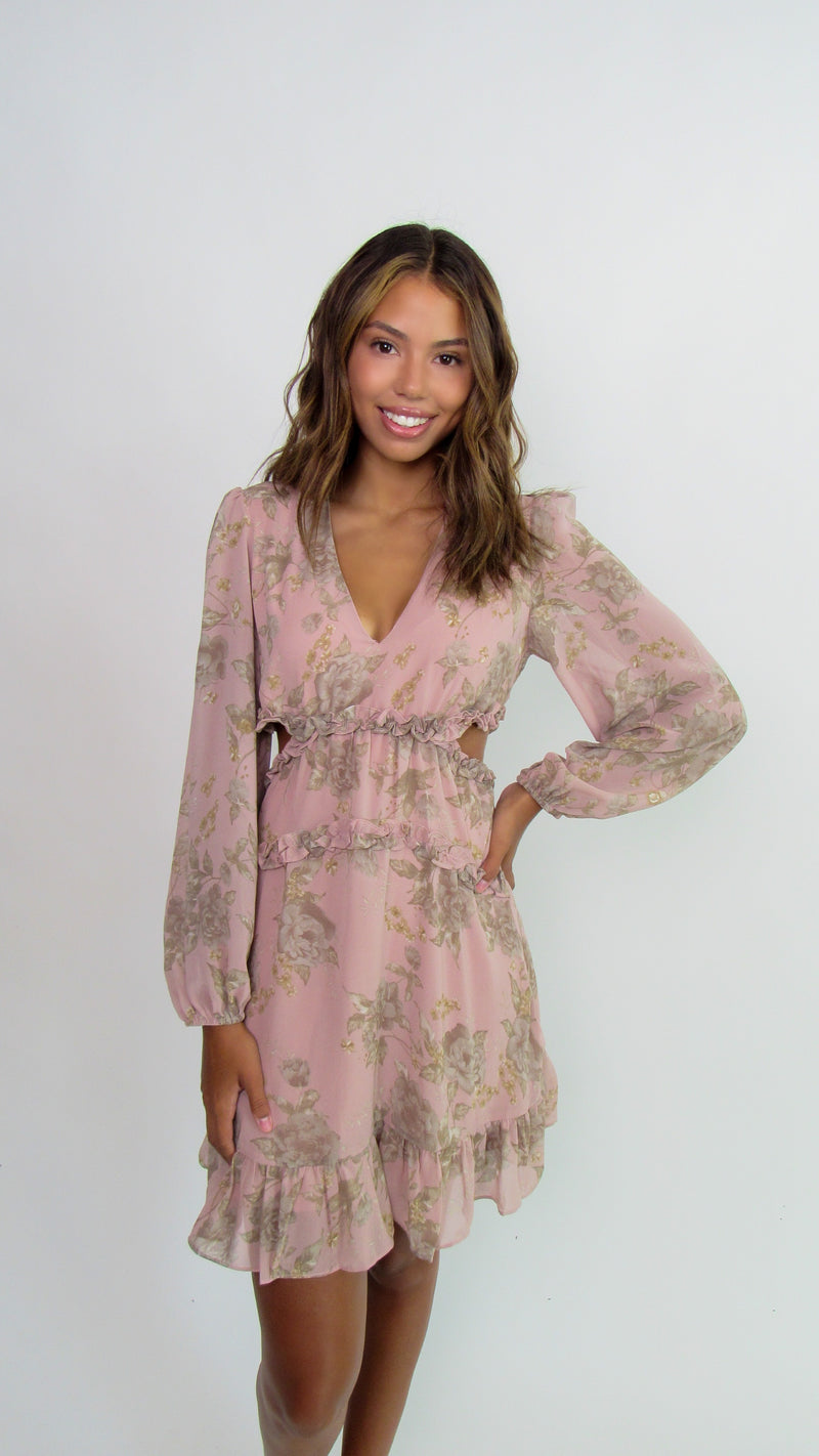 CLARISSA WOVEN FLORAL DRESS- DUSTY ROSE