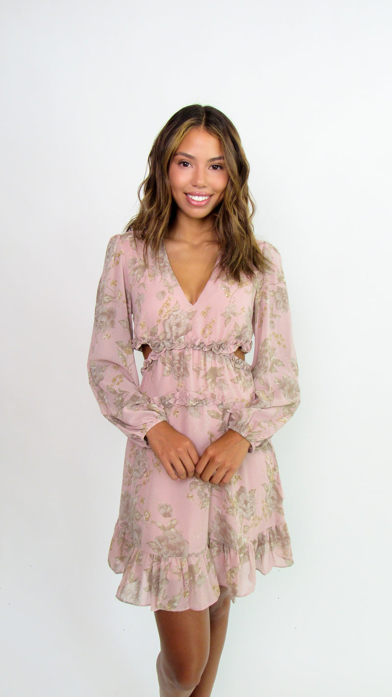 CLARISSA WOVEN FLORAL DRESS- DUSTY ROSE