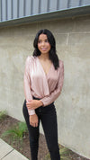 FIRST DATE SATIN LONG SLEEVE BODYSUIT- CHAMPAGNE/TAUPE