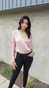 FIRST DATE SATIN LONG SLEEVE BODYSUIT- CHAMPAGNE/TAUPE