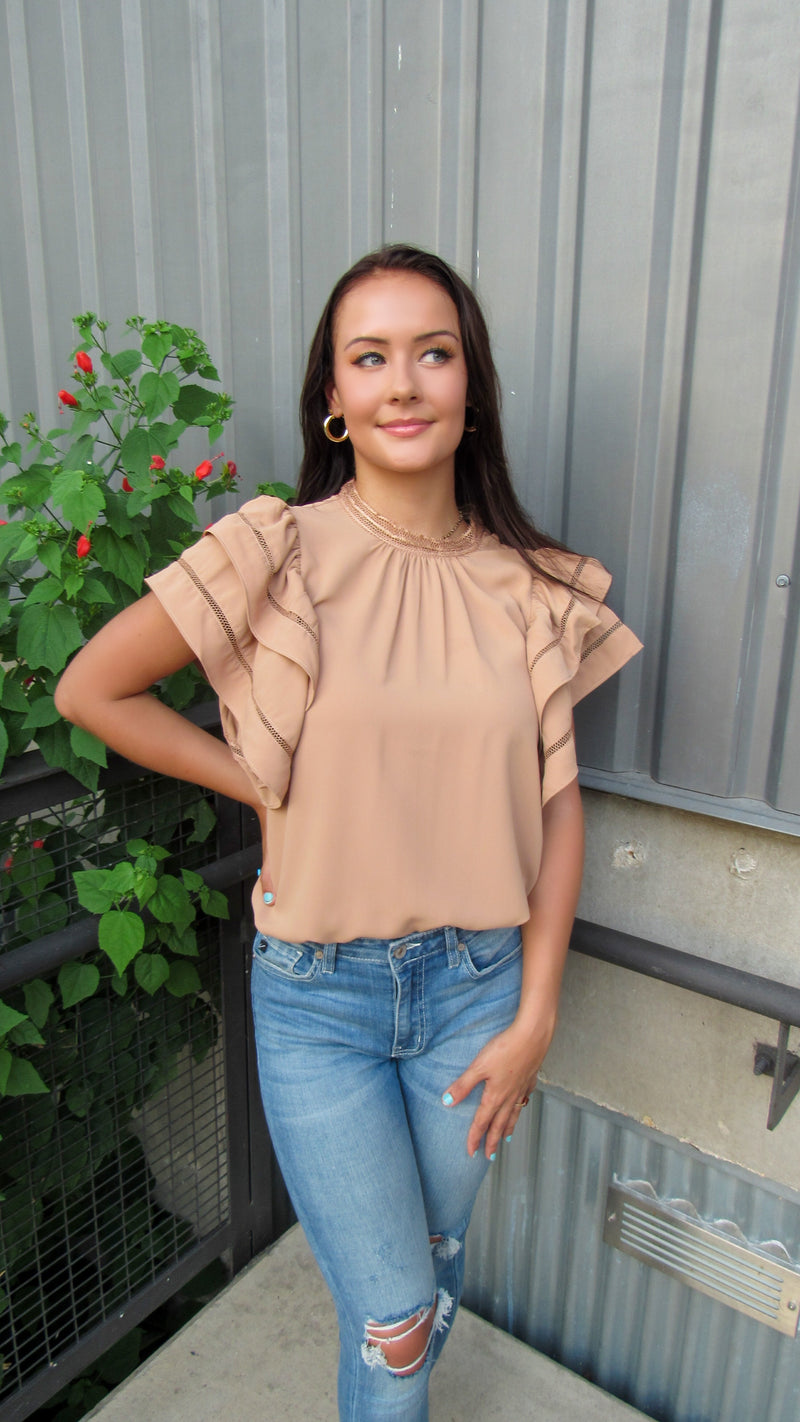 FOREVER MORE LACE TRIM BLOUSE - TAN