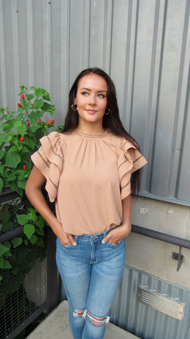 FOREVER MORE LACE TRIM BLOUSE - TAN