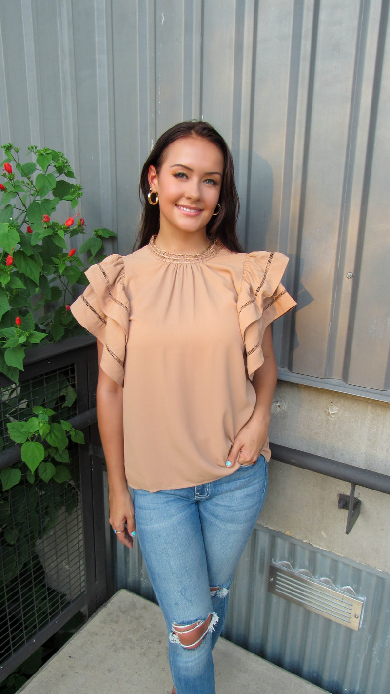 FOREVER MORE LACE TRIM BLOUSE - TAN